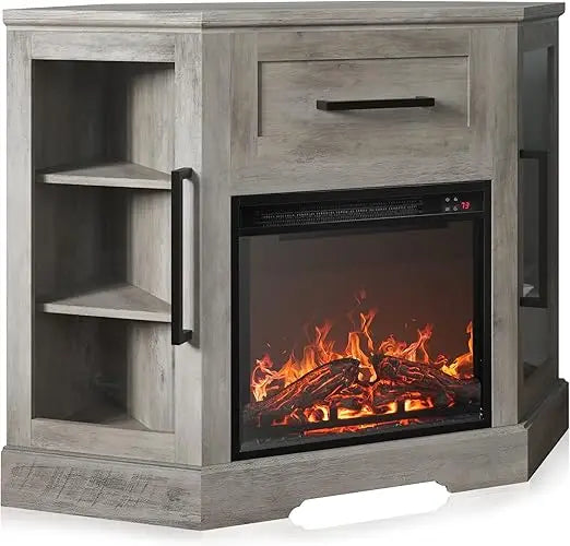 43" Corner TV Stand with 18" Electric Fireplace Heater for TVs up to 43", Modern Corner Wood Entertainment Center