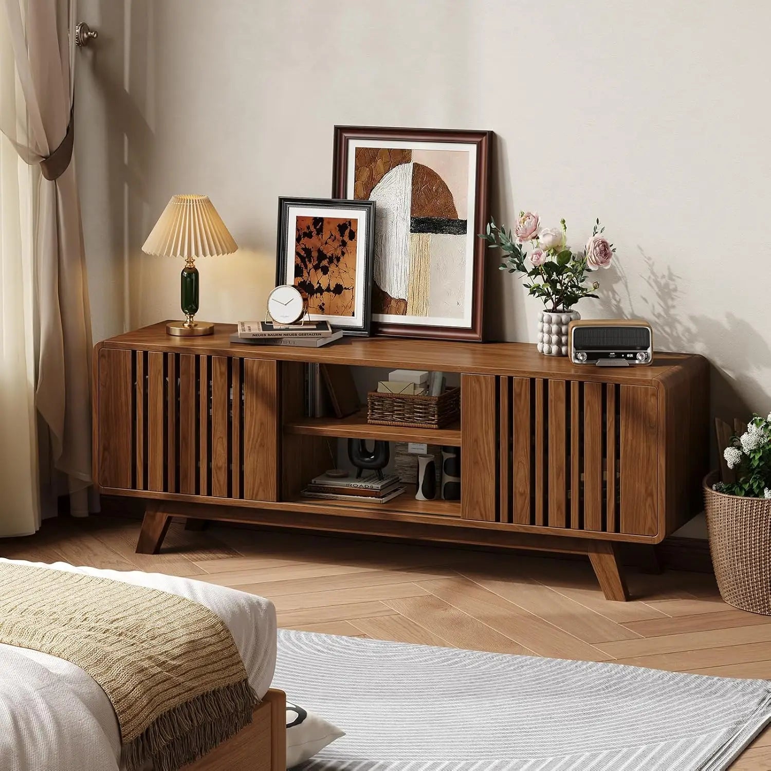 63" TV Stand for TVs up to 75", Entertainment Center & Sliding Grille Door Cabinets and Open Shelves for Living Room