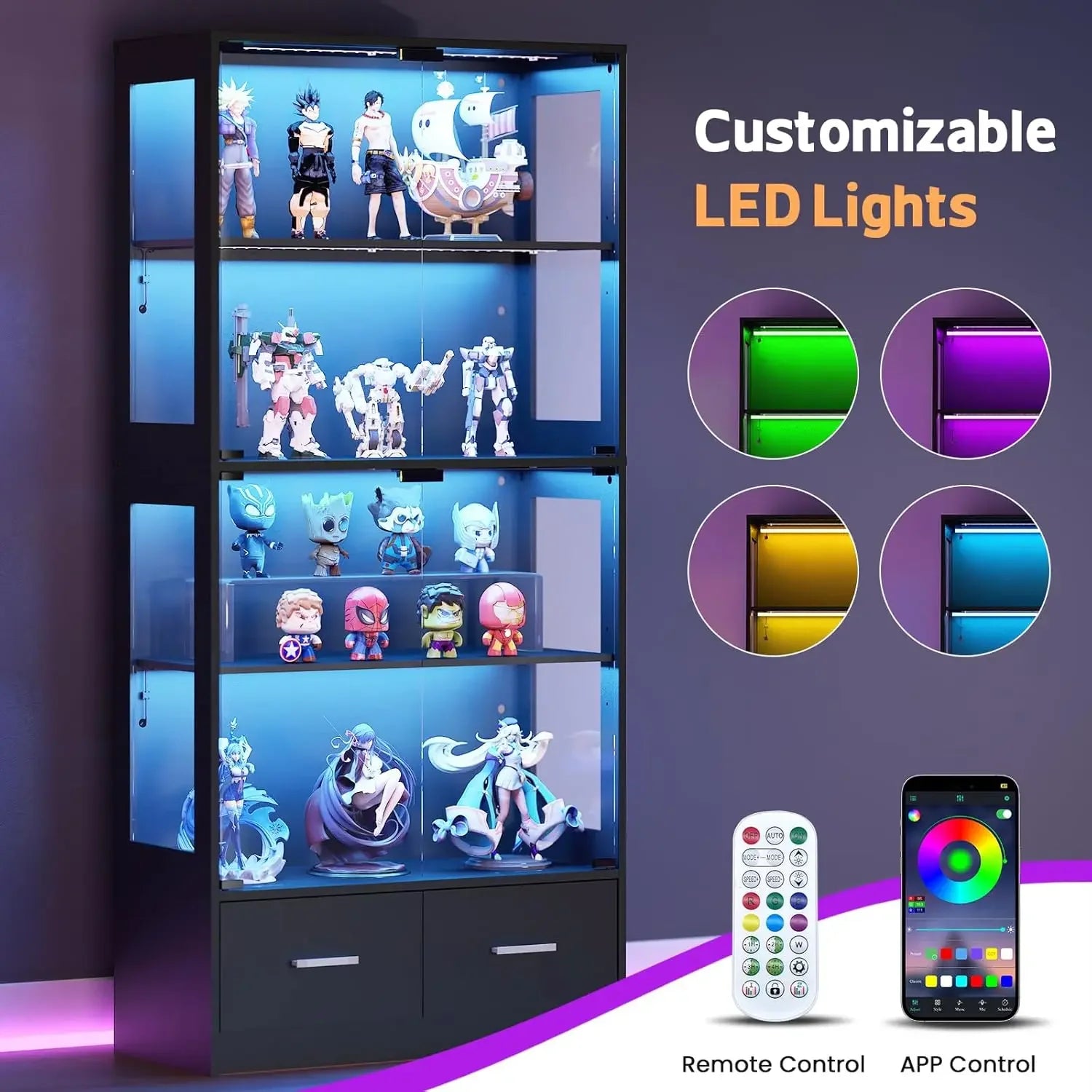 Display Cabinet with Glass Doors - 67" Curio Cabinet for Collectibles with RGB LED Lights and 2 Drawers,4 Tier Glass Display