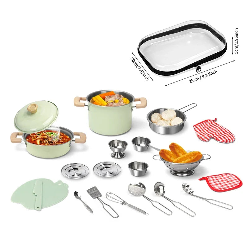 Children's Kitchen Cookware Set/ Play Kitchen Cooking Accessories/ Pots, Wood, Stainless Steel with Food for Kids