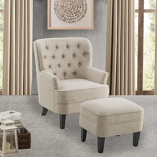 Mid-Century Modern Upholstered Accent Chair and Ottoman Set