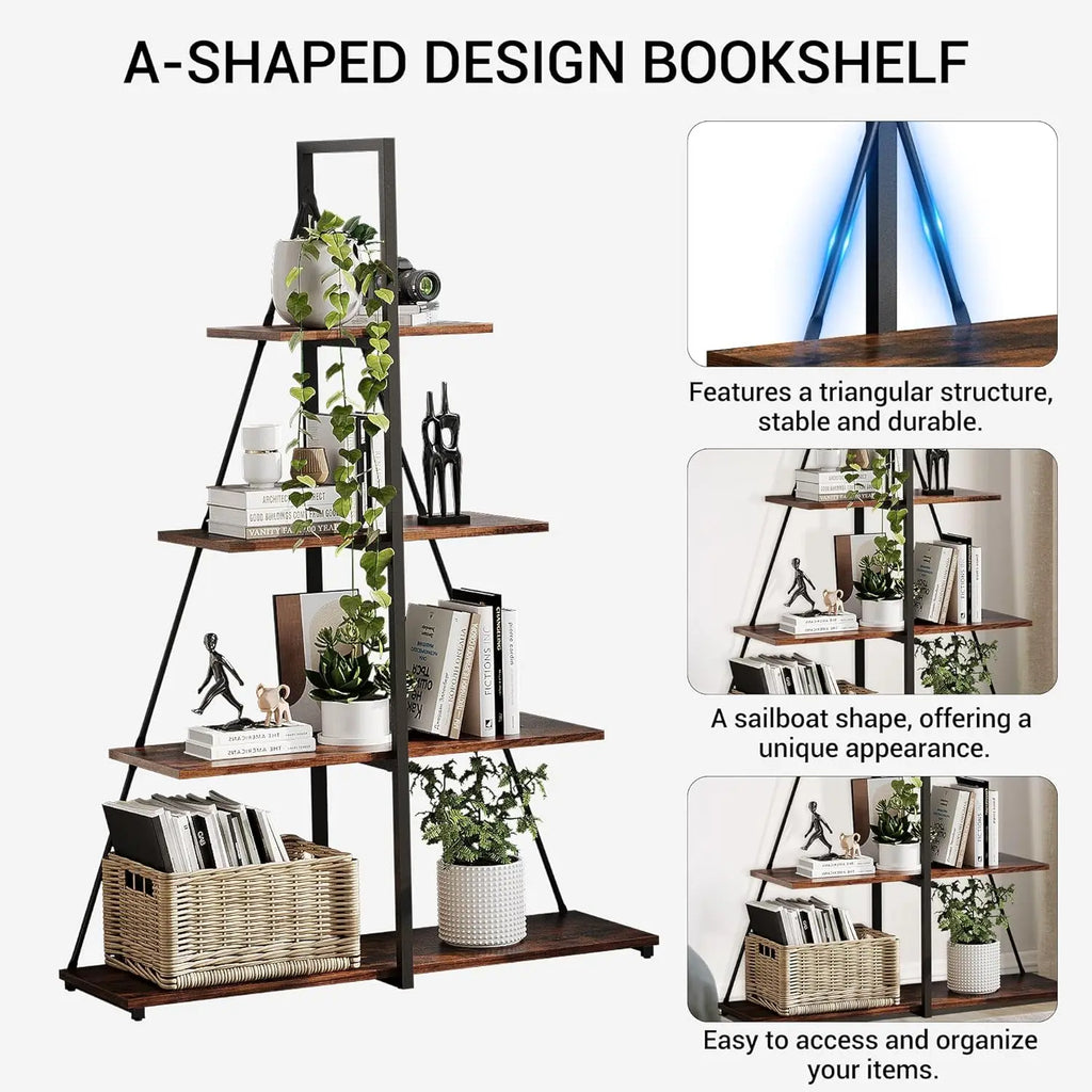4-Tier A-Frame Ladder Shelf Bookcase - Steel Frame Bookshelf | Rustic Book Storage Shelf for Living Room, Bedroom or Kitchen, Living Room Display Rack Stand