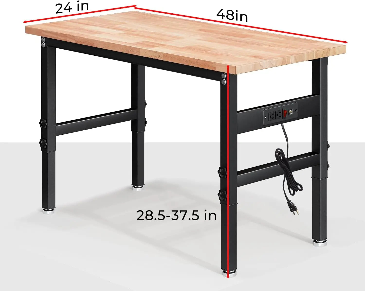 Customizable 48" Adjustable Workbench with Power Outlet, Oak Hardwood Top Heavy Duty Work Bench, Wood Workbench for Garage