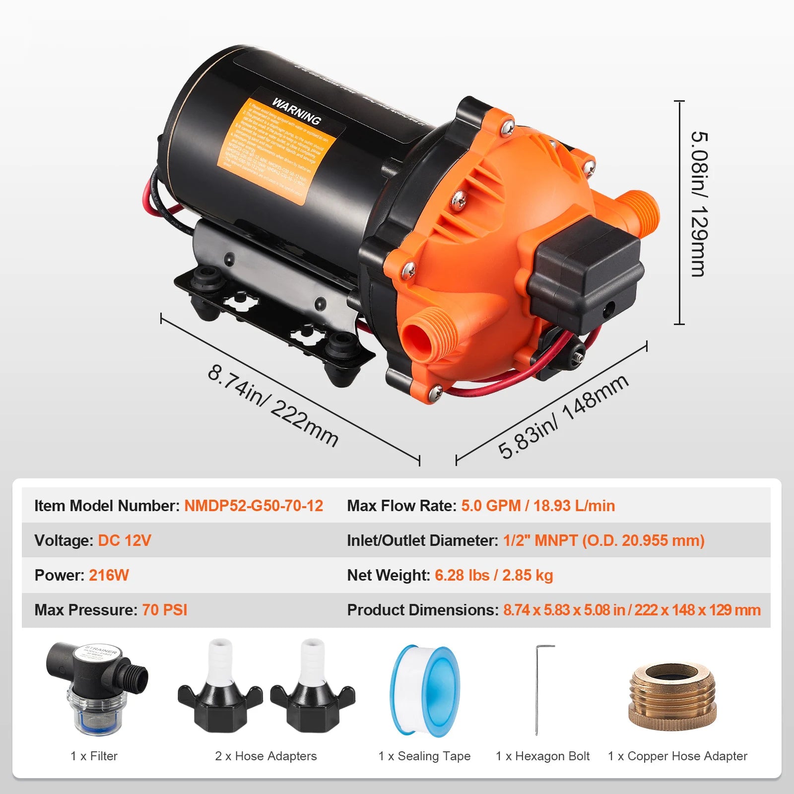 12V Diaphragm Pump 1.8/3/3.5/5 GPM 3/4/5-Chamber 40-100 PSI Adjustable 1/2'' MNPT Port for RV/ Yacht/ Food Truck/ Camper