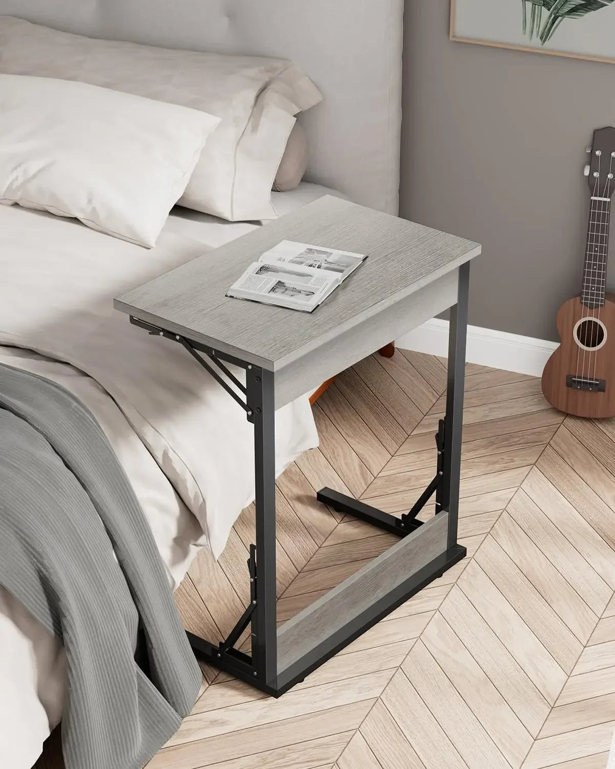 24" Wide Folding C-Shaped End Table, Small Side Desk for Couch, Sofa TV Tray Table with Metal Frame for Living Room, Bedroom
