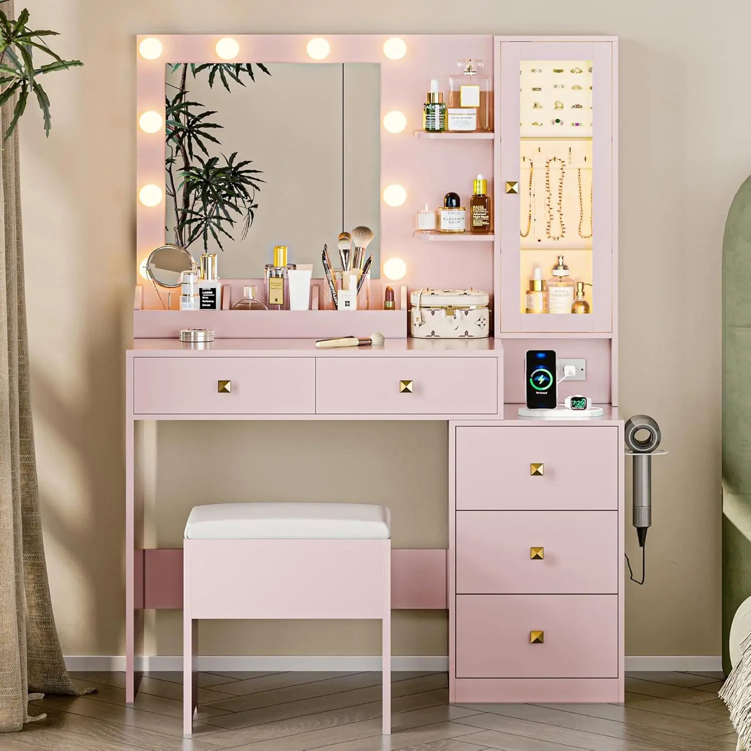Vanity Desk with Mirror and Lights, White Makeup Vanity with 5 Drawers Hidden Jewelry Organizer & LED Glass Cabinet