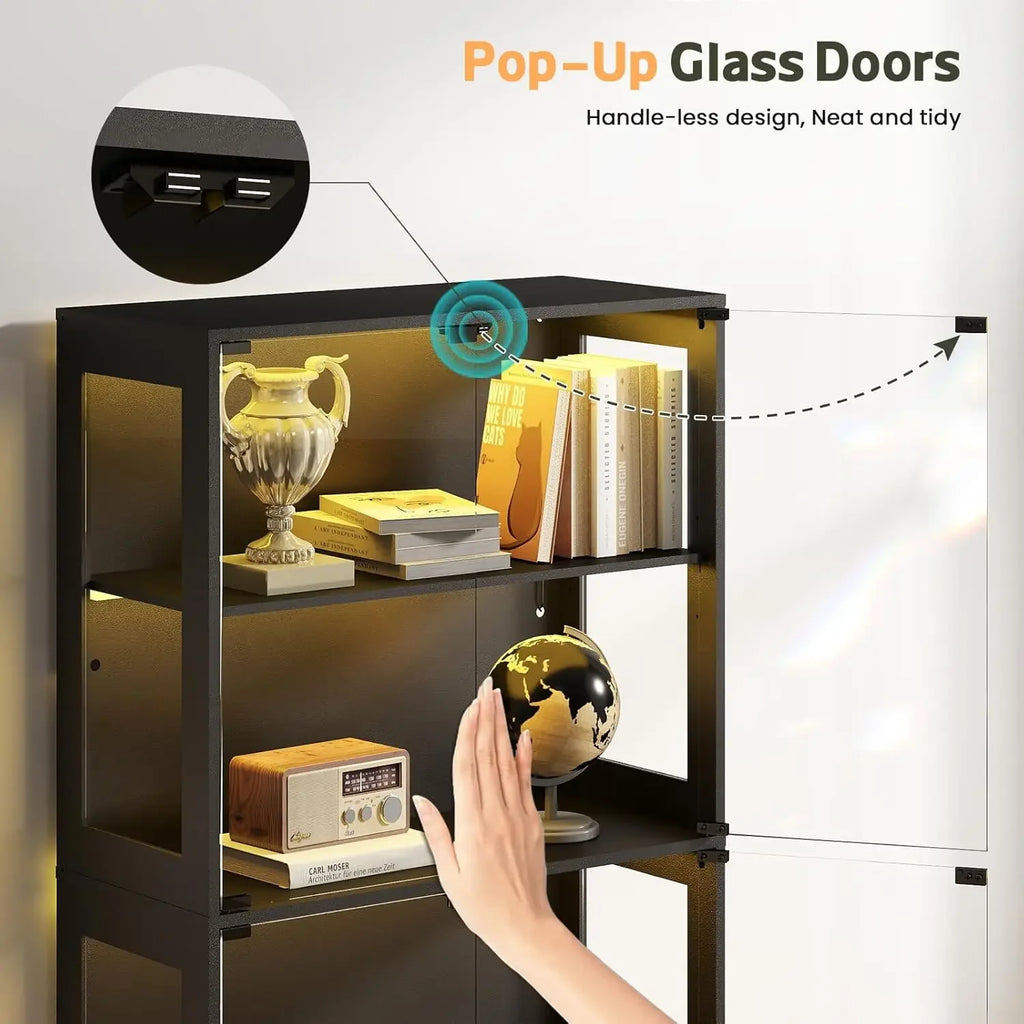 Display Cabinet with Glass Doors - 67" Curio Cabinet for Collectibles with RGB LED Lights and 2 Drawers,4 Tier Glass Display