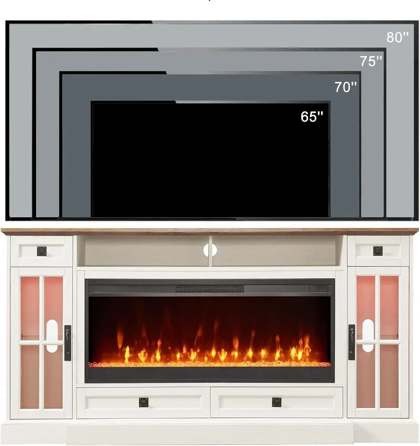 Fireplace TV Stand for 80 Inch TV, with 42" Fireplace & LED Lights, Storage Drawers  Living Room, Antique White