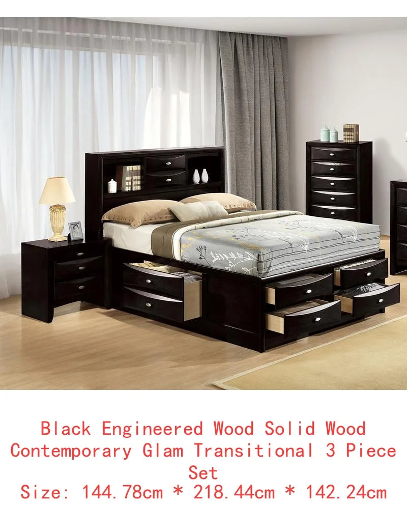 Contemporary King Size Bed with Footboard Drawers & Headboard Bookcase in Cherry Finish