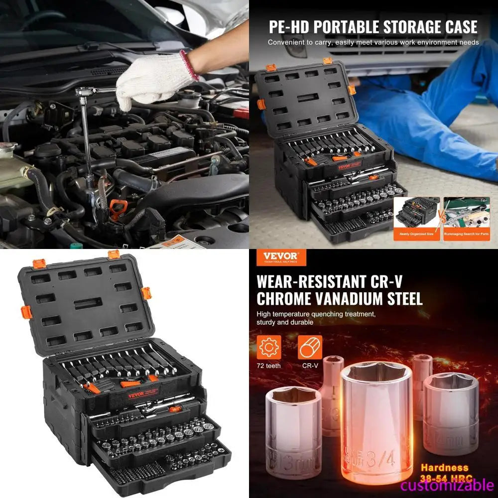 Complete 450-Piece Mechanics Tool Kit with 1/4, 3/8, and 1/2 Drive Deep and Standard Sockets in SAE and Metric