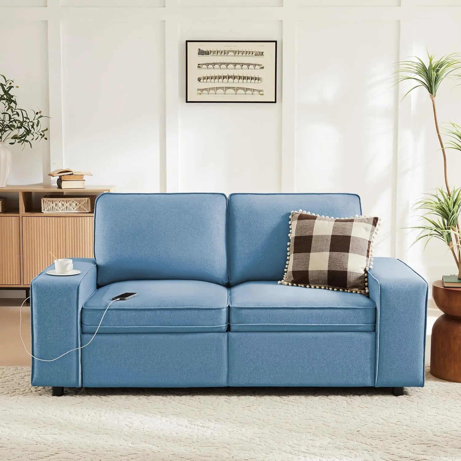 Modern 2-Seat Sofa with Storage, Side Pockets, and USB Charging Ports for Living Room and Office