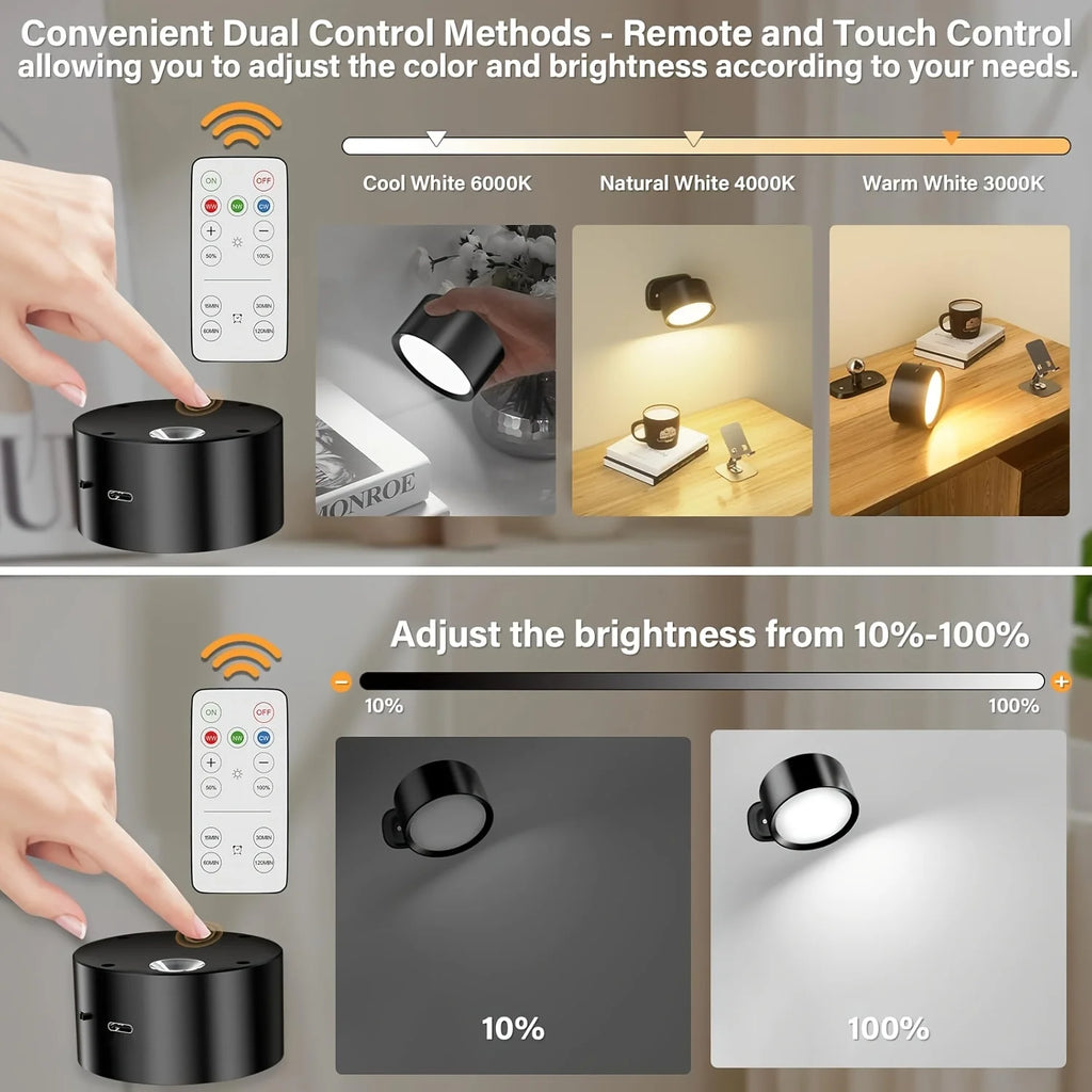 2PCS Magnetic LED Wall Sconce Light/ USB Rechargeable /Dimmable 3 Color Temperatures/ Warm/ Cool /Daylight Remote & Touch Dual Control 360° Rotation Wall Mount Lamp for Bedroom/ Study/ Reading/ Living Room/ Hallway/ Closet/