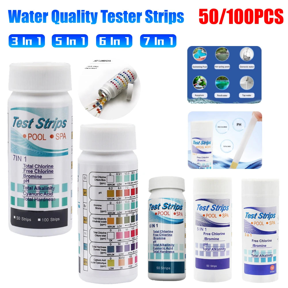 50/100PCS 3/5/6/7 in 1 Water Quality Test Paper/ Swimming Pool PH Test Strips/ Multipurpose Aquarium Test Strips for Fish Tank
