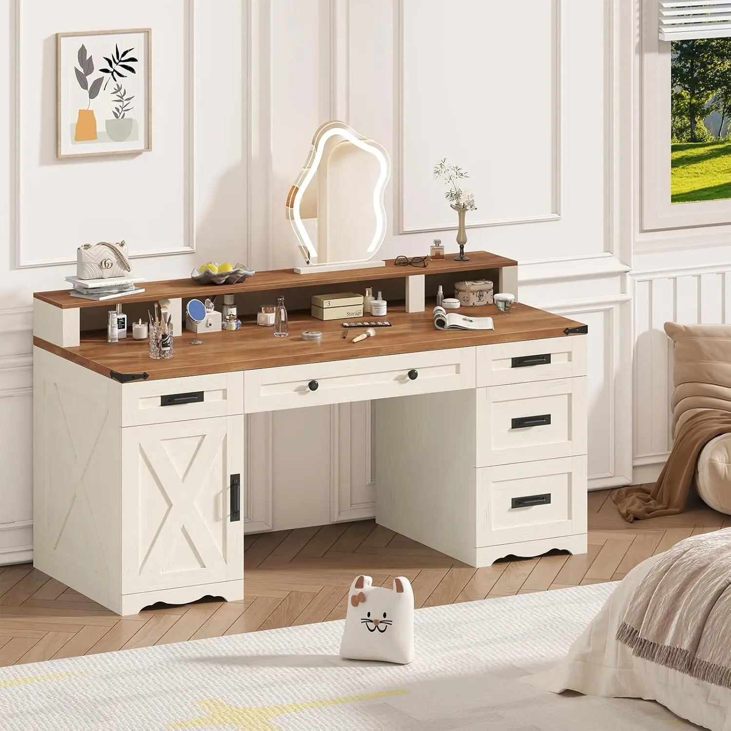 Farmhouse Executive Desk with Drawers & Storage Shelves, 55" Computer Desk with Power Outlets, Home/ Office Desk