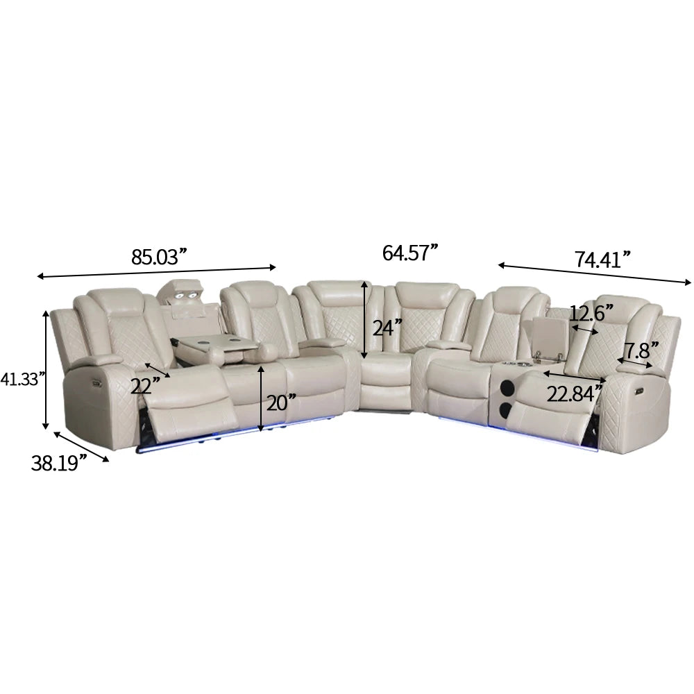 Power Reclining Sofa Couch with Wireless Charger/ 3 Seater Recliner/Reading Light Leather/ Bluetooth Speaker/ Theater Seating LED