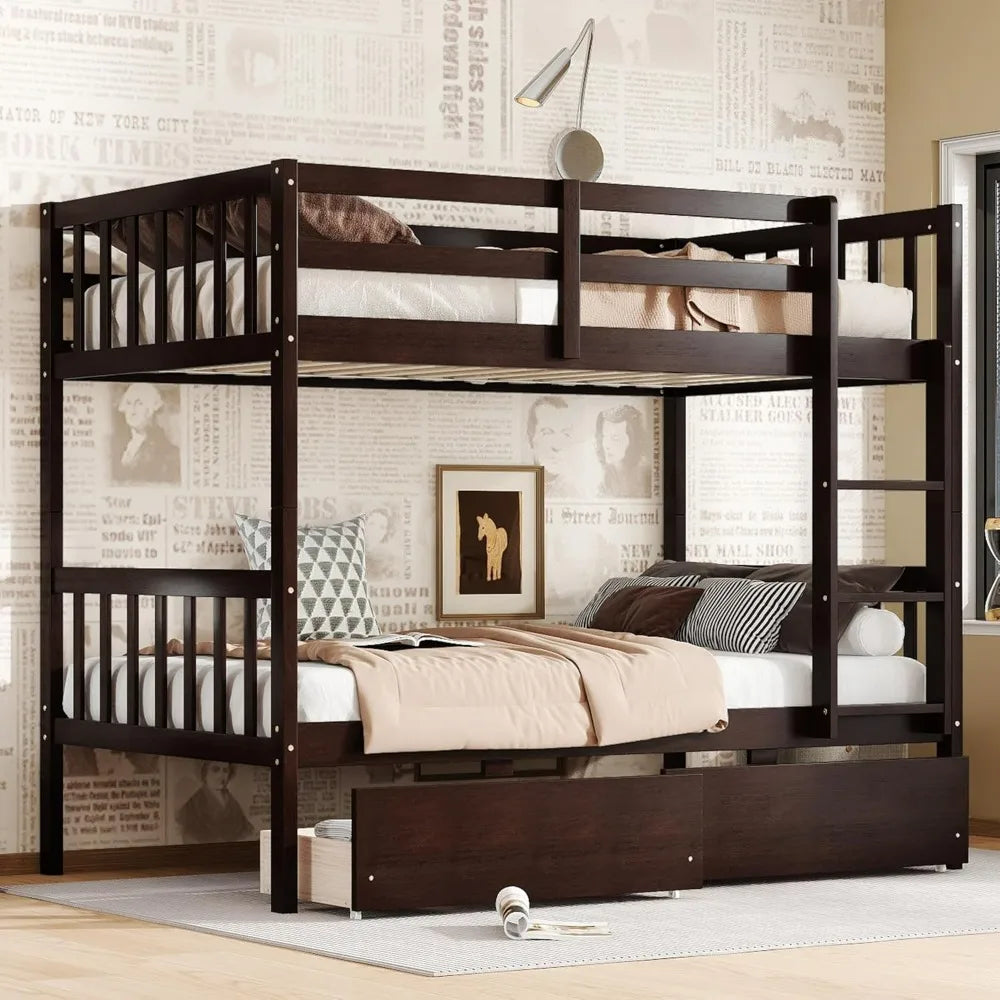 Solid Wood Twin Bunk Bed with Storage, Ladders, and Raised Guardrails for Kids, Convertible Option