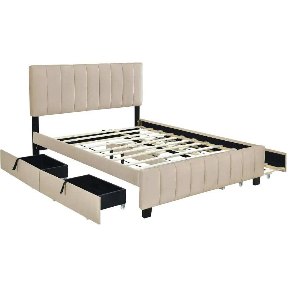 Beige Queen Upholstered Platform Bed with Storage Drawers and Twin XL Trundle, No Box Spring Required