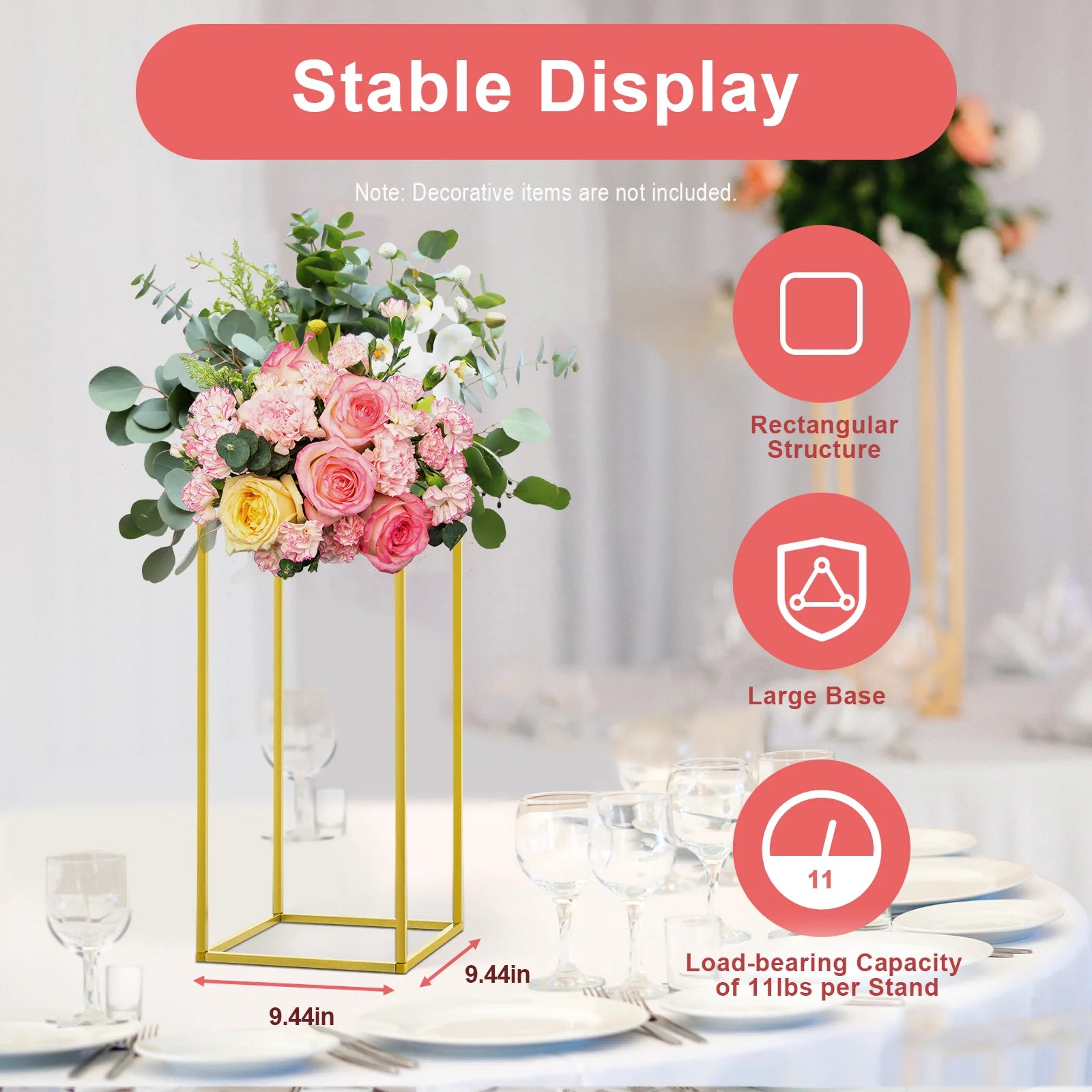 10-Pack Gold Flower Stand Set, 60cm/80cm Modern Rectangular Metal Display Stands for Wedding Centerpiece, Party, Dessert Table Decor