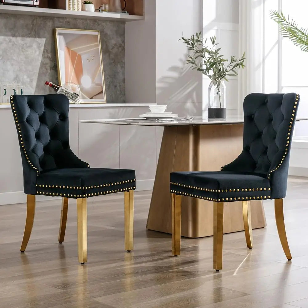 Velvet Dining Chairs Set of 6, Nikki Collection Dining Room Chairs with Golden Stainless Steel Legs and Pull Ring, Customized