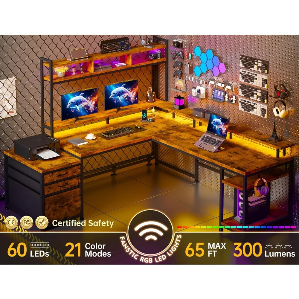 Dual-Sided L-Shaped Desk with Hutch, Drawers and Monitor Shelf