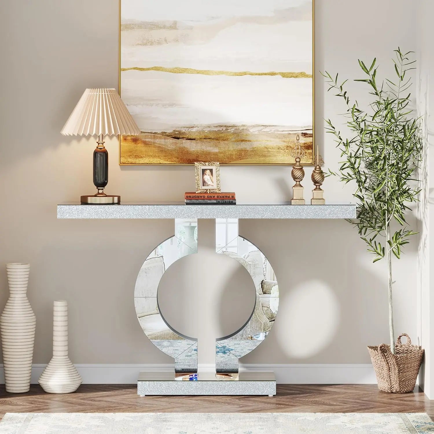 43.3-Inch (110cm) Mirrored Console, Entryway Table with Thickened Mirror Finish Tabletop