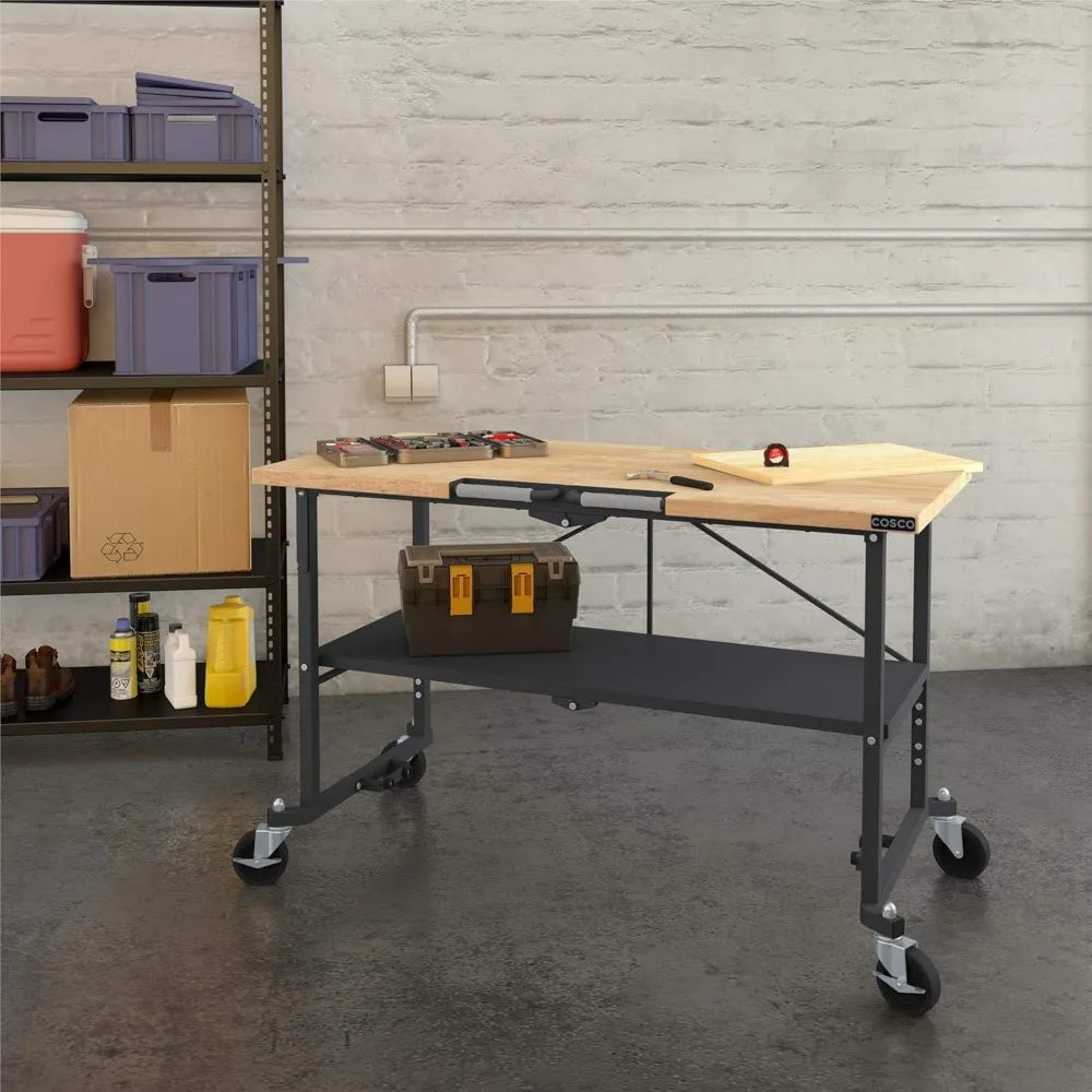 Smart-Fold Butcher Block Portable Workbench / Folding Utility Table Hardwood Top, 700LB Total Weight Capacity, Locking