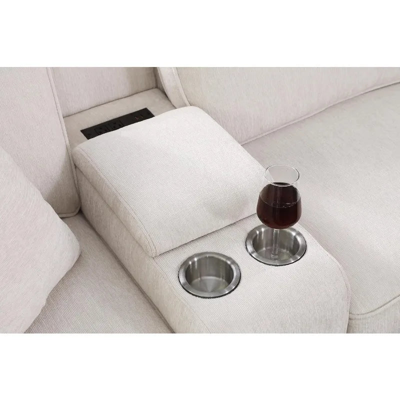 127" L-Shaped Sectional Couch with Movable Ottoman & 6 Throw Pillows ,W/2 Cup Holders ,Beige