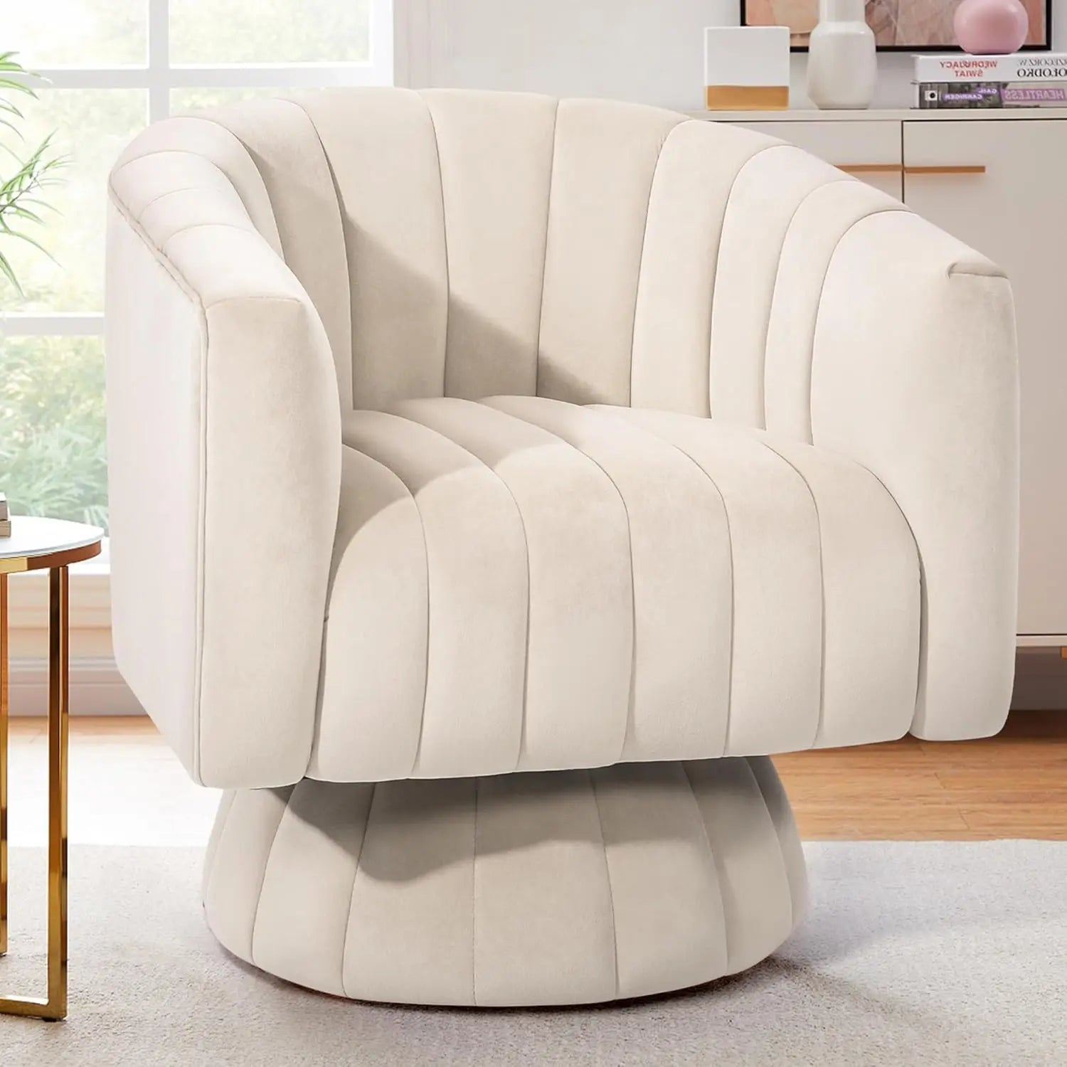 360° Swivel Accent Chair with Armrest Set of 2 Mid Century Tufted Velvet for Living Room/ Bedroom /Reading/ Beige