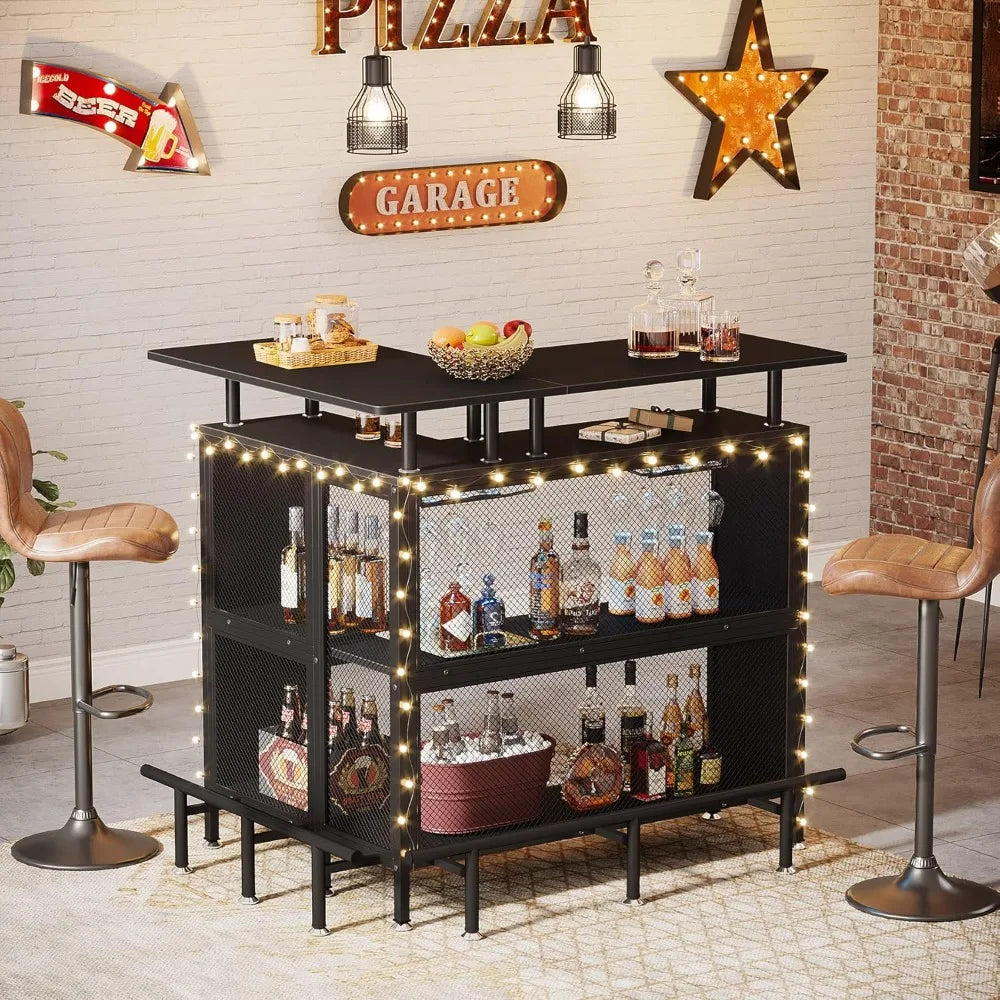 Home Bar Unit, L-Shaped Bar Table with Stemware Racks and 2-Tier Shelves, Corner Mini Coffee Liquor Cabinet with Footrest