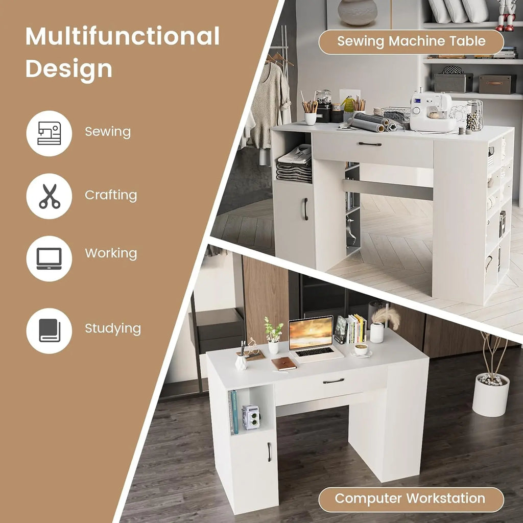 36” Counter Height Sewing Table, 53 Inch Artwork Craft Table with 14 Open Compartments, 3-Position Adjustable Shelf