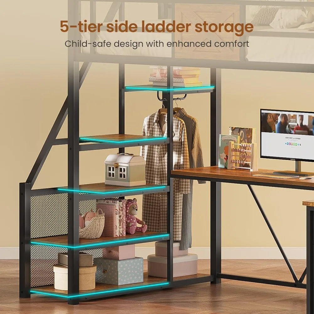 Twin Loft Bed with L-Shaped Desk, Wardrobe & Storage Stairs, LED Lights & Charging Station, Rustic Brown