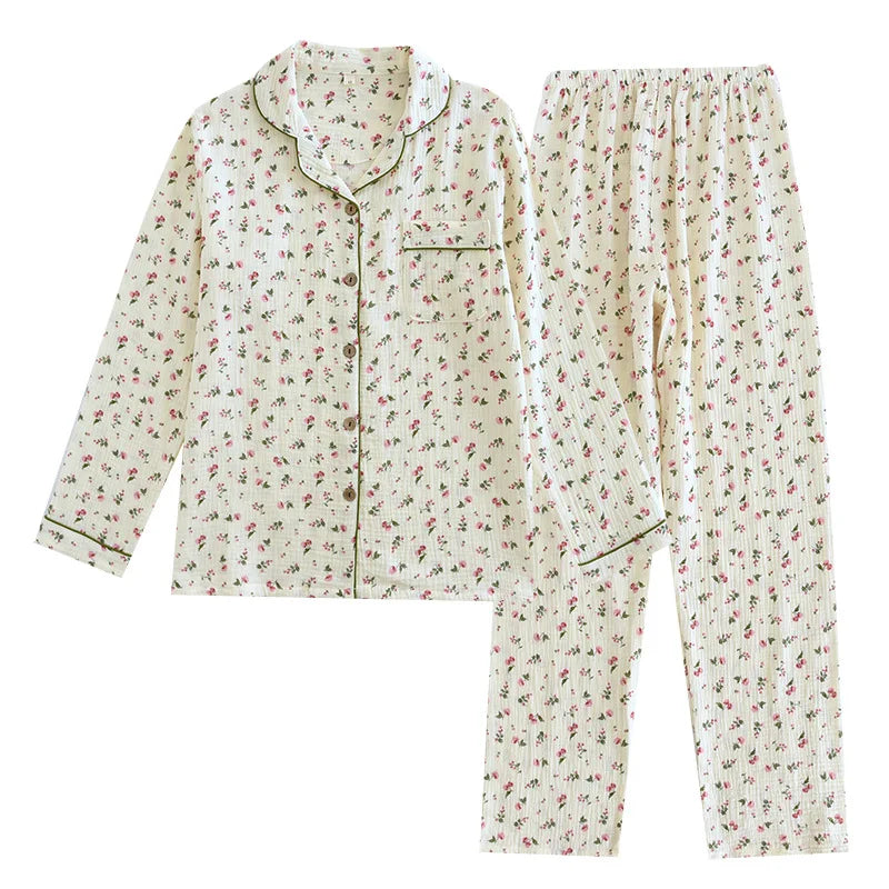 Spring and Autumn Women's Pajama Set 100%/ Cotton Crepe Long Sleeved Pants/ Two Piece/ Cute and Sweet Set Ladies