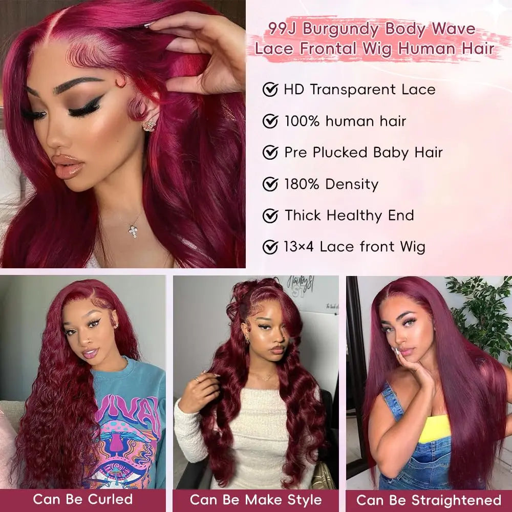30 inch 99J Burgundy Lace Front Wigs Human Hair 13x6 Body Wave/ Lace Front Wigs/ Wine Red Lace Front Wig /180% Density