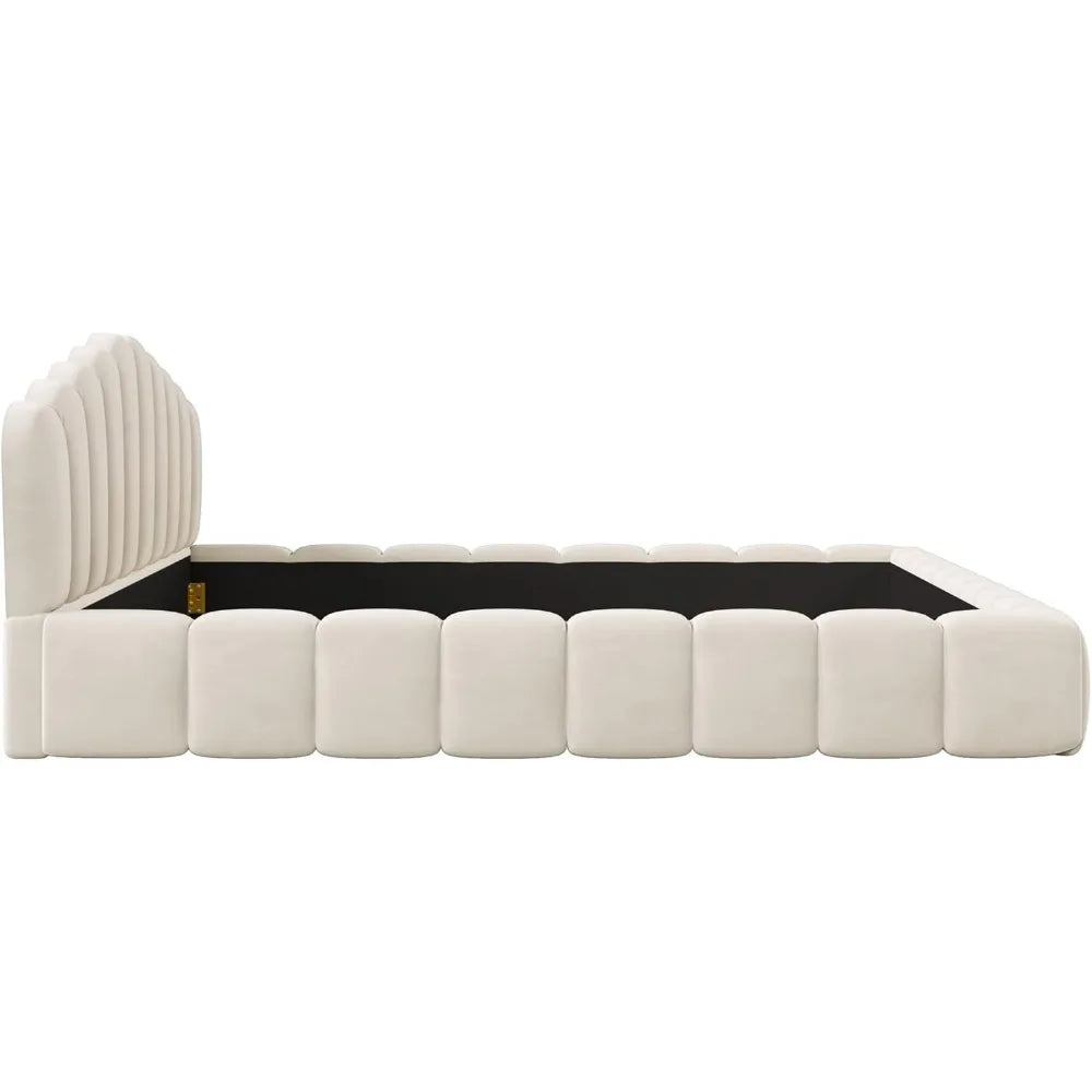 Queen Size Velvet Platform Bed Frame with Shell Headboard and All-Around Cushioning