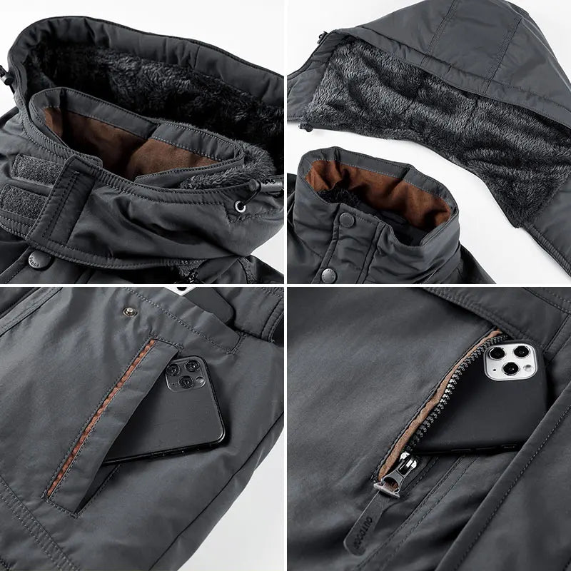 Thick Coat Winter/ Outdoor Running/ Sports/ Windproof/ Warm Fleece Hooded Cargo Jacket/ Men Removable Hood/ Thick, Warm Fleece Jacket