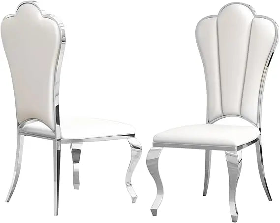 Modern Leather Dining Chairs Set of 2, Elegant Shell Shape Comfy Upholstered Dining Room Chairs w/Unique High Backrest Stainless