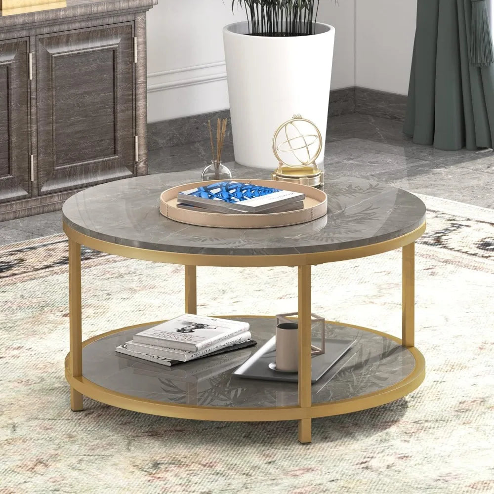 Round Coffee Table 33.5" Coffee Table for Living Room High Glossy Faux Marble Top Modern Circle Table Sturdy Gold Metal Frame