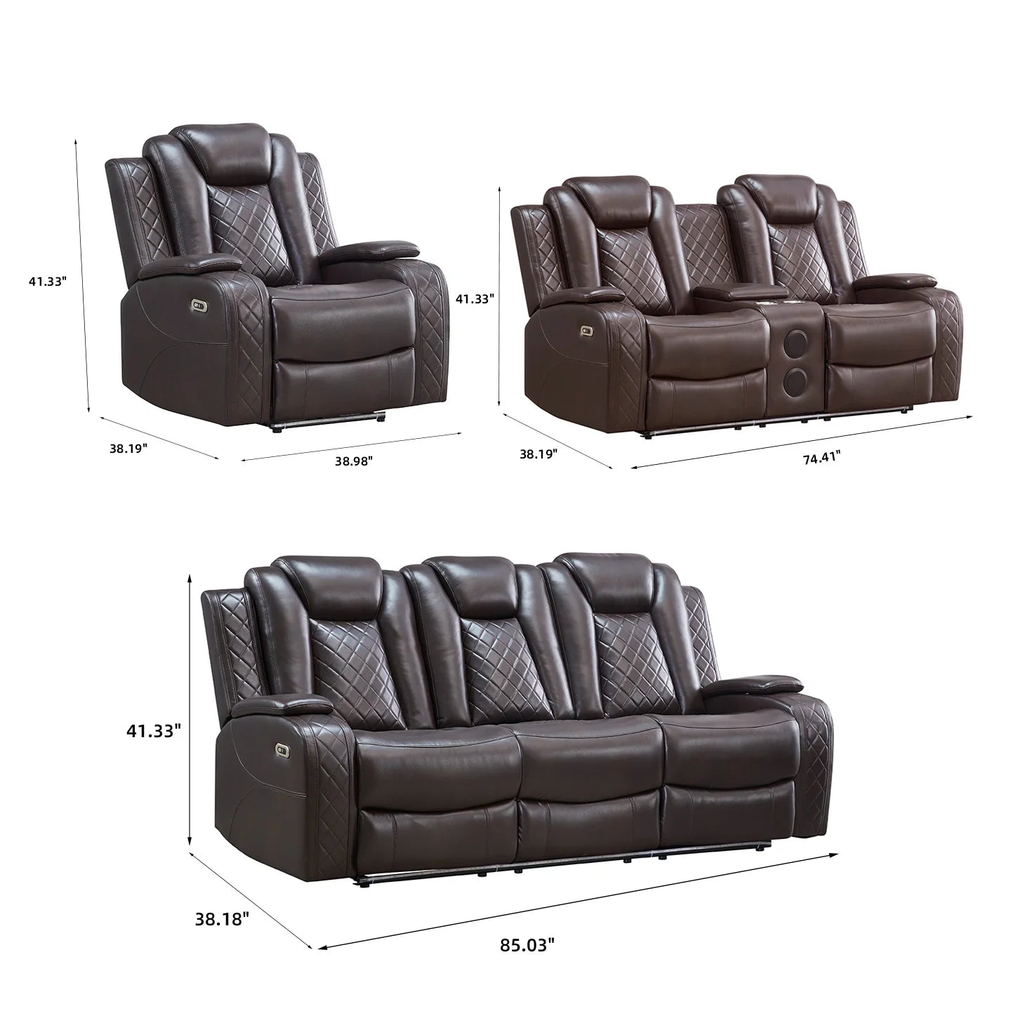 Power Reclining Sofa Couch with Wireless Charger/ 3 Seater Recliner/Reading Light Leather/ Bluetooth Speaker/ Theater Seating LED
