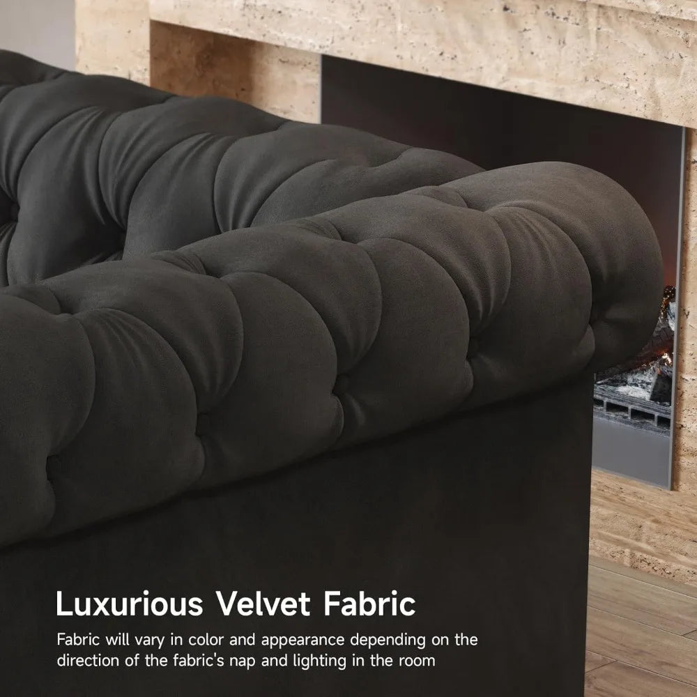 82 Inch Chesterfield Sofa, 23 Inch Deep Seat Velvet Couch for Living Room, Button Tufted Couch with Rolled Arms, 2 Throw Pillows