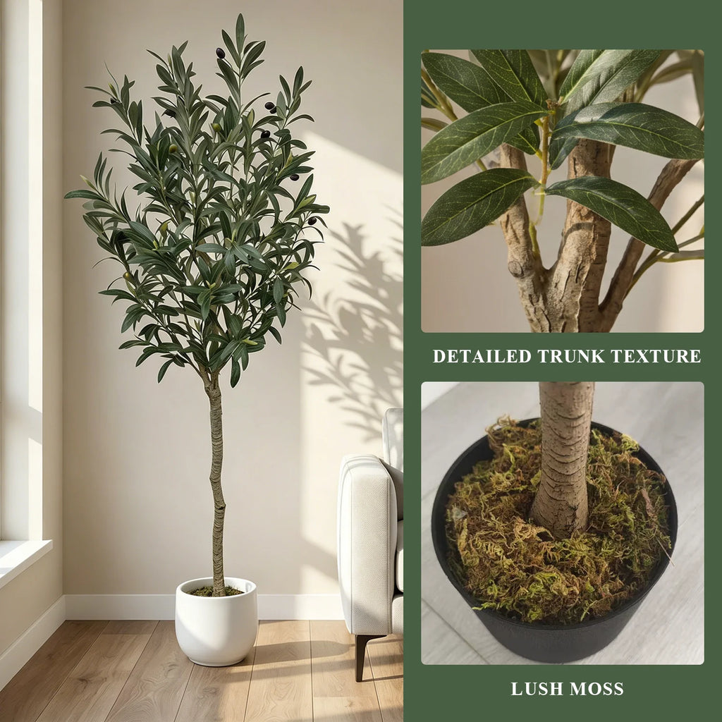 Artificial Olive Tree with Planter, Realistic Faux Silk Plant with Wood Trunk & Lifelike Fruits, Tall Fake Potted Olive Tree for Home/ Office/ Living Room Decor
