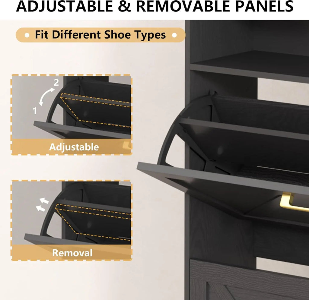 Shoe Cabinet with 2 Flip Drawers, Freestanding Hidden Shoe Storage Organizer, Shoe Rack Cabinet with Open Storage & Hooks