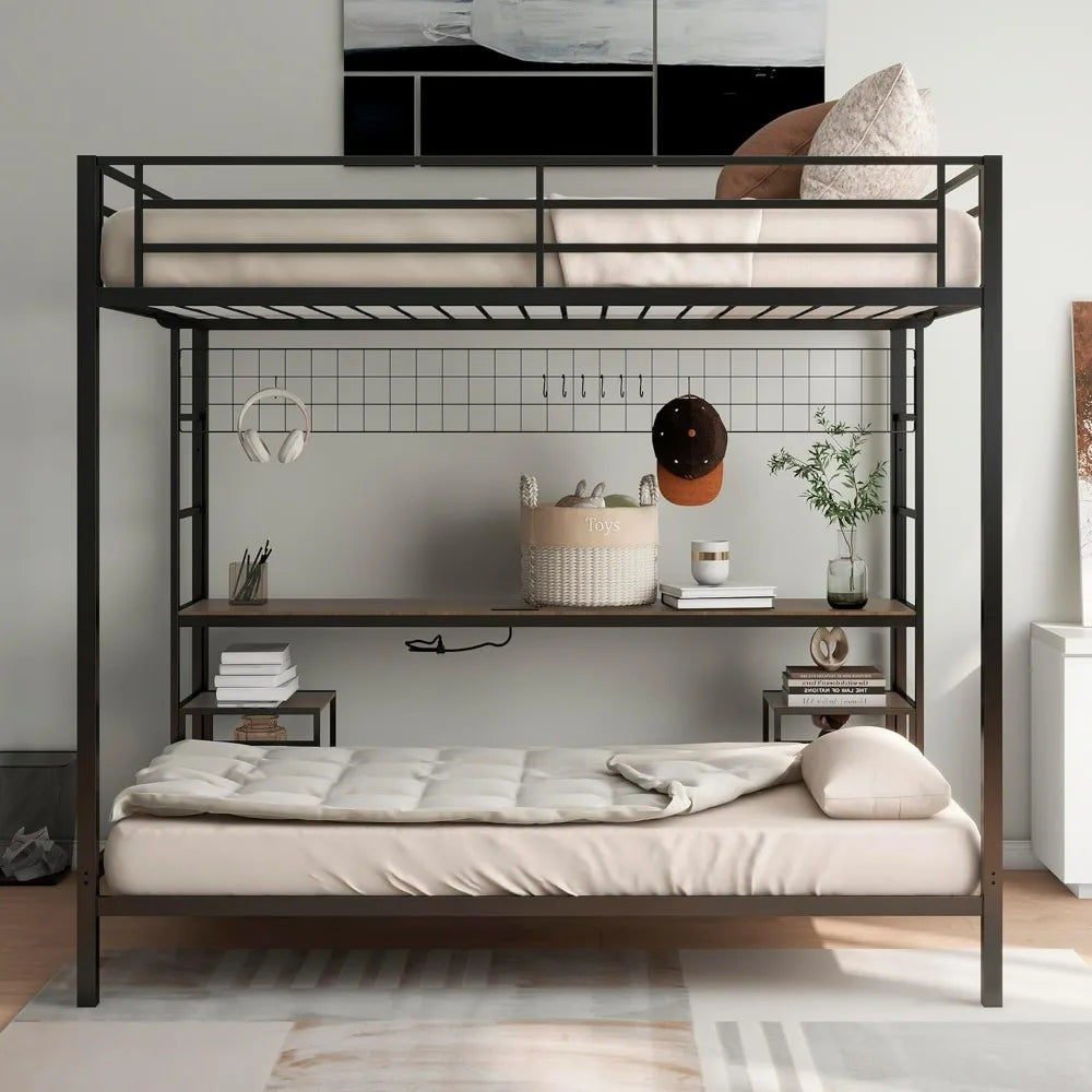 Twin-Over-Full Bunk Bed with Desk, Loft Bed with Desk and Storage, Metal Twin Bunk Beds with Charging Station