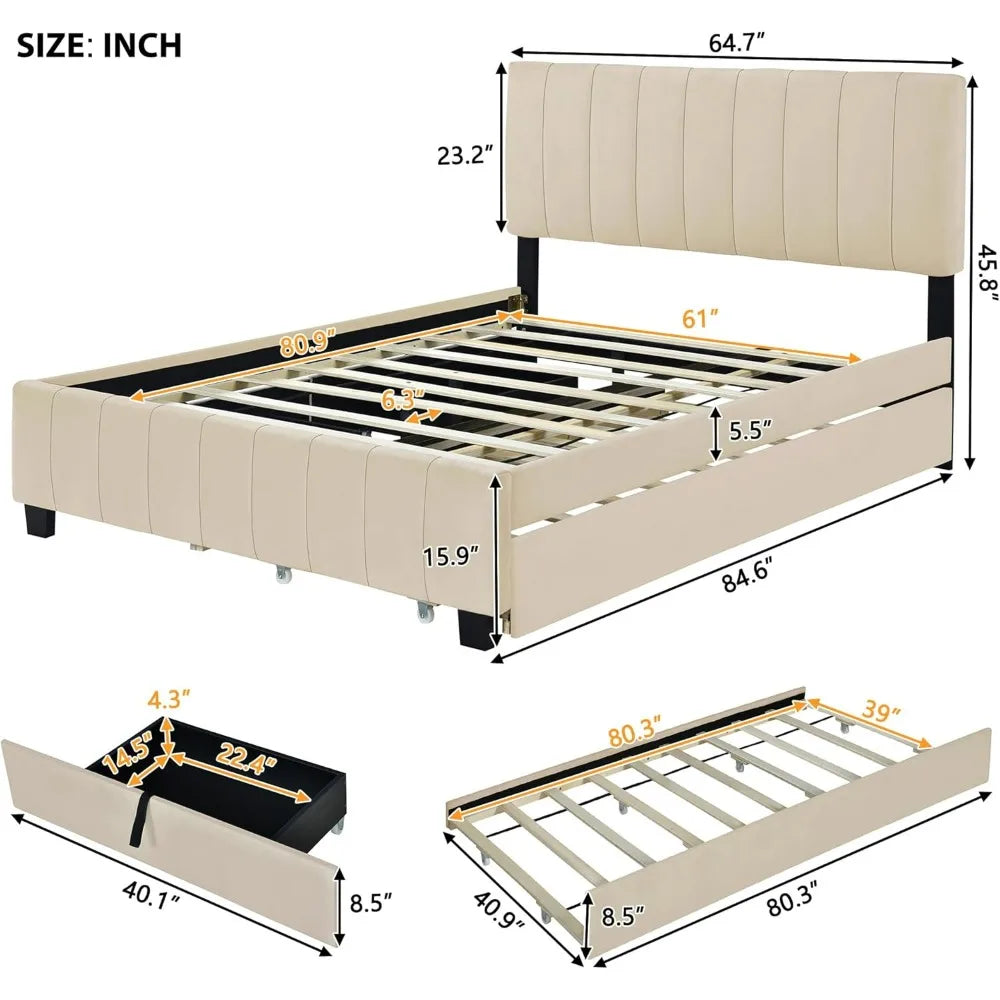 Beige Queen Upholstered Platform Bed with Storage Drawers and Twin XL Trundle, No Box Spring Required