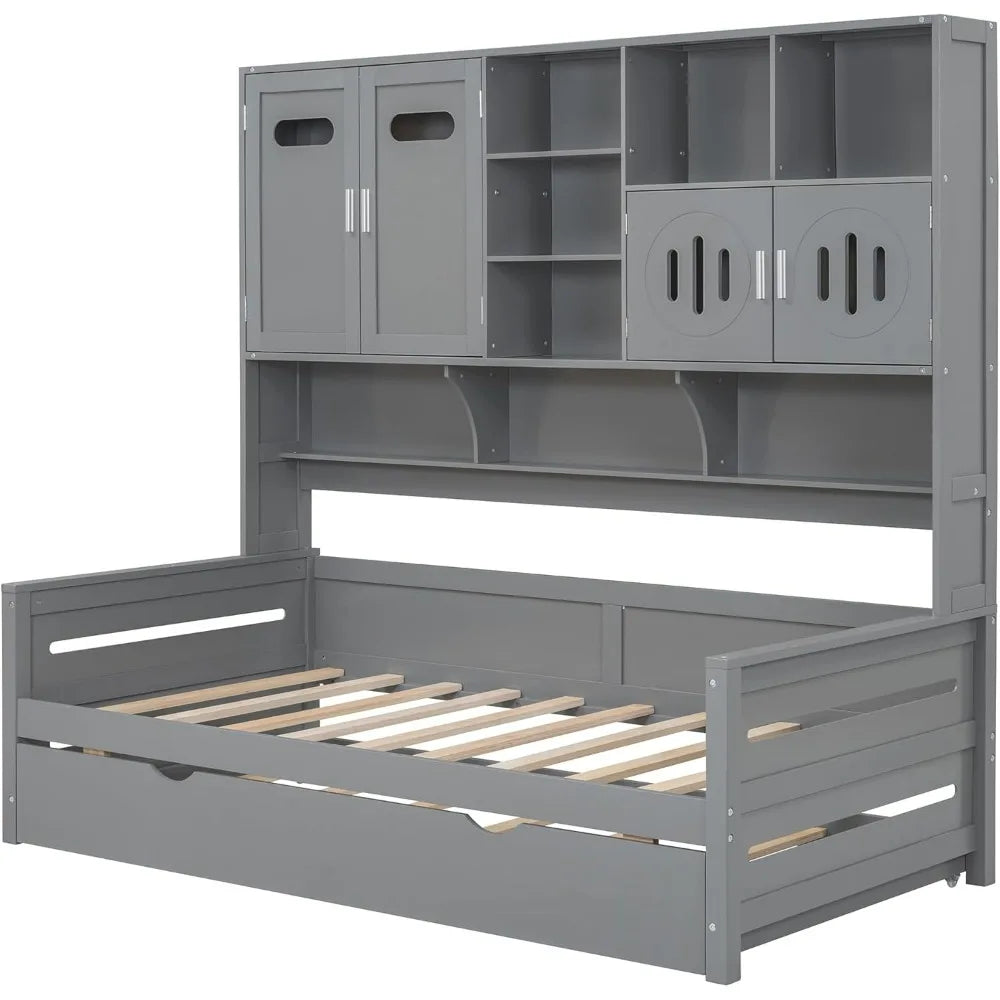 Gray Merax Twin Daybed with Trundle, Bookcase, and Cabinet Shelf Combo