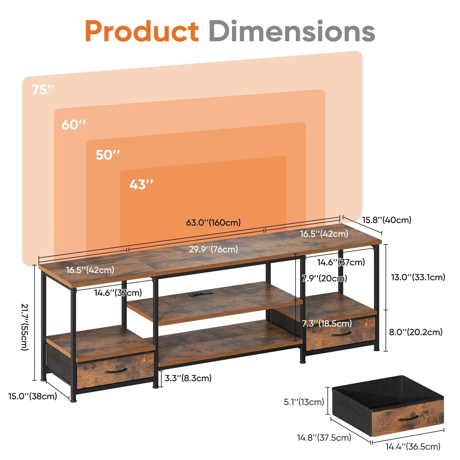 63 IN Wooden TV Stand For Up To 75 Inch TV/ Entertainment Center For Living Room/Media Console Adjustable Shelf 2 Storage
