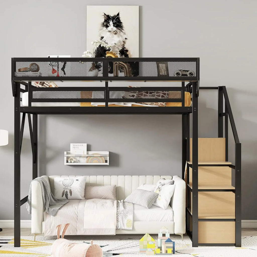 Full Size Metal Loft Bed with Staircase, Built-in Storage Shelves & Wardrobe, Easy Assembly, Black