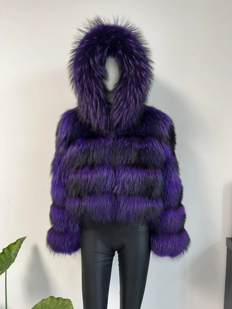 BEIZIRU Women's Real Raccoon Fur Coat Winter Long Sleeve Hooded Jacket with Turndown Collar/ Natural Luxury /Thick Top