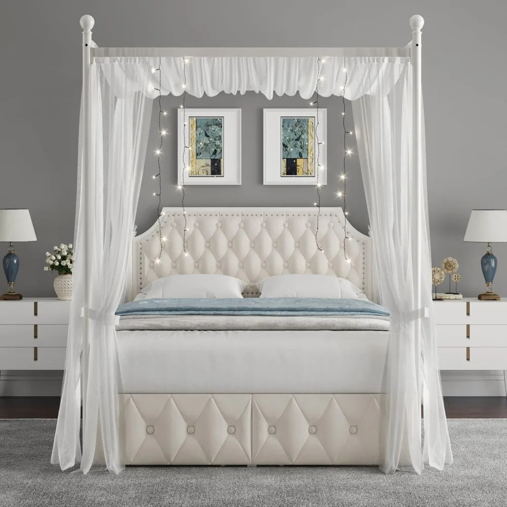 Queen Size Button Tufted Canopy Bed Frame with Storage Drawers and Metal Platform Base