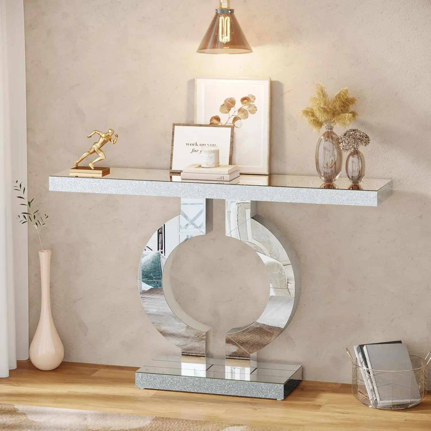 43.3-Inch (110cm) Mirrored Console, Entryway Table with Thickened Mirror Finish Tabletop