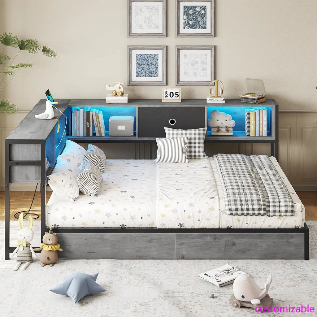 Corner Full Bed Frame, Bookcase Storage, and Led Lights Full Size Metal Platform Bed Frame with Storage Drawers & Charging